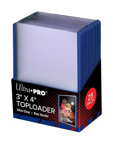 Ultra Pro 3x4 toploader packaging with 25 packs on a white background